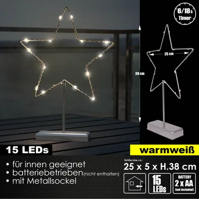 A decorative LED star light with a stand, shown indoors on a wooden surface, with a smaller diagrammatic representation on the right.