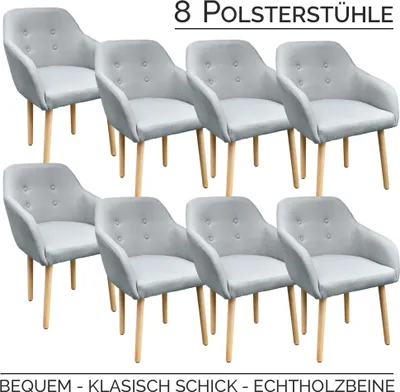 8 Stühle mit umlaufender Armlehne, Holzbeine und hellgrauem Stoff auf Rückenlehne, Sitzpolster und Armlehne