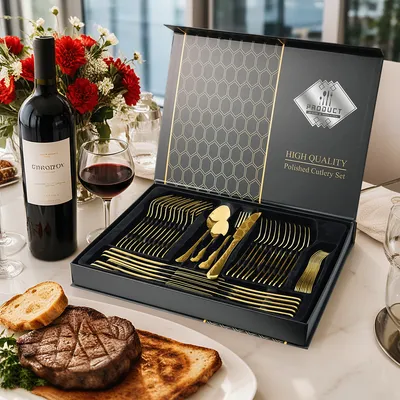 Produktbild von Besteck Set, 48 teilig Besteck Set 12 Personen, Edelstahl Besteckset mit Messer Gabel Löffel für Restaurant Party Hochzeit, Spülmaschinenfest, Gold