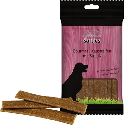 Produktbild von 5 x 200 g - Gourmet Kaustreifen mit Strauß - lecker und weich - Kaustange - Fleischstreifen