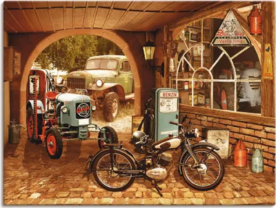 Produktbild von ARTland Leinwandbild Werkstatt mit Traktor und Motorrad Größe: 80x60 cm