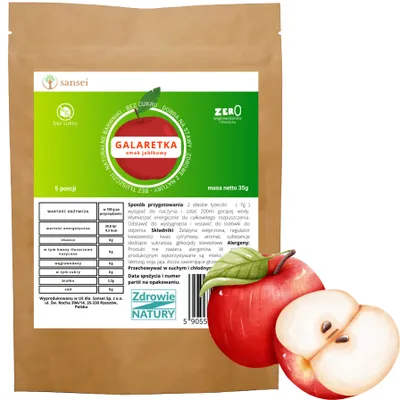Zdjęcie produktu dla Galaretka bez cukru o smaku jabłkowym 35g - 5 porcji FIT KETO bez glutenu, bez tłuszczu, bez węglowodanów tylko 9,5 kcal porcja