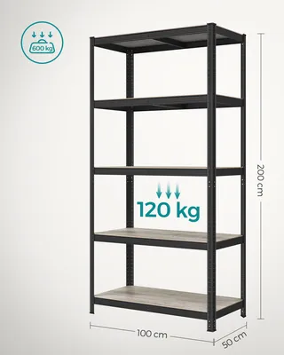 Obrázek produktu pro SONGMICS Stojící regál, regál na knihy, úložný regál, 5 polic, kuchyňský regál, police, 50 x 100 x 200 cm, nosnost do 870 kg, nastavitelné police, průmyslový design, šedočerná RLG050B21