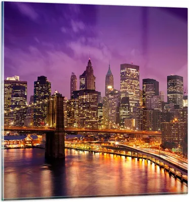 Produktbild von Bilder auf glas - New york nacht brooklyn brücke - 70x70cm - Glasbilder - Wandbilder - Kunstdruck - zum Aufhängen bereit - Wanddekoration aus Glas - Glas Bilder - Wandbild auf Glas - GAC70x70-2660
