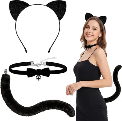 Imagen del producto de Conjunto de disfraz de gato que incluye cola, diadema y collar, talla única, ideal para fiestas de disfraces