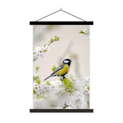 Produktbild von MuchoWow® Textilposter Vogel - Kohlmeise - Blumen - Blütenbaum 40x60 cm mit schwarzem Rahmen - Wanddekorationen