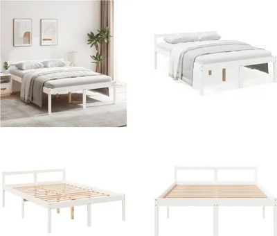 A collage of images showing a white wooden bed frame from different angles, including a staged bedroom setting and individual shots of the frame.