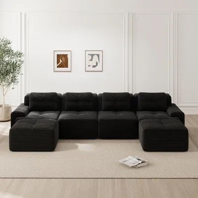 Immagine prodotto di Divano modulare a forma di U, divano "Cord" per 4 persone, colore nero, divano "Cloud" con seduta profonda di 74 cm, design basso e senza necessità di montaggio, dimensioni 382x177x69 cm