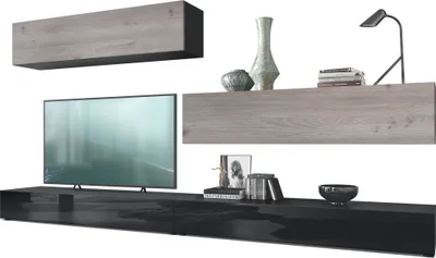 Produktbild von Vladon Wohnwand Nublo,  Germany, Anbauwand mit Rückwand mit 2 Klappen und 2 Sockelelementen, Korpus Schwarz matt, Fronten Schwarz Hochglanz und Eiche Nordic (280 x 147 x 39 cm)
