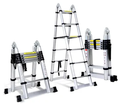 Produktbild von 3,8 m (1,9 + 1,9) Teleskopleiter Klappleiter Aluminium Multifunktionsleiter, Tragbare Ausziehleiter Max. Belastung 150 kg / 330 Pfund, Rutschfest, Silber
