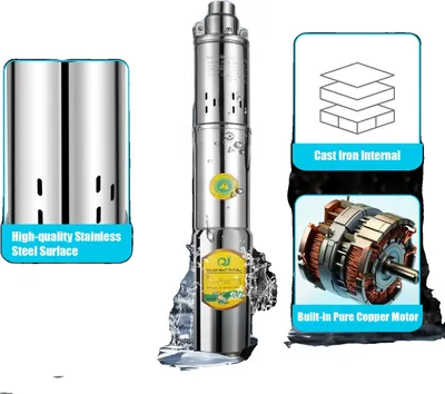 Image de pompe à eau solaire 24V, haut débit 2m³/h, hauteur de refoulement maximale 65m, acier inoxydable durable