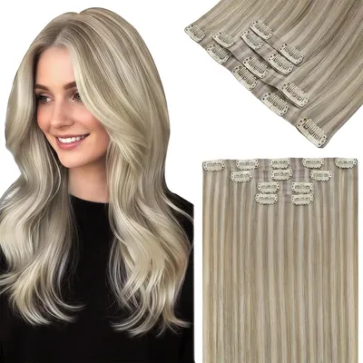 Produktbild von Clip in Extensions Echthaar Highlight Blond 45cm 90g 4 Stück Glatt
