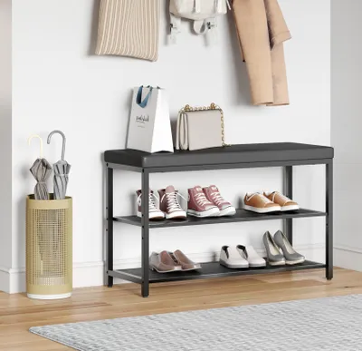 Produktbild von Mondeer Schuhbank mit Gitterablagen und Kunstleder-Sitzfläche Schuhregal mit Schaumstoffpolsterung und Metallrahmen 80*30*50cm Schuhschrank