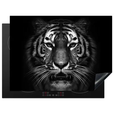 Produktbild von KitchenYeah© Herdabdeckplatte Tiger - Tiere - Schwarz - Weiß - Porträt - Wild , 70x52cm, Küche Deko, Glaskeramikkochfeld Herdabdeckung, Abdeckplatte fùr Kochfeld