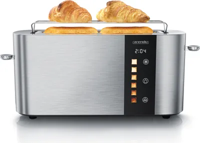 A silver Arendo toaster with two croissants on top and two slices of bread inside, set against a white background.