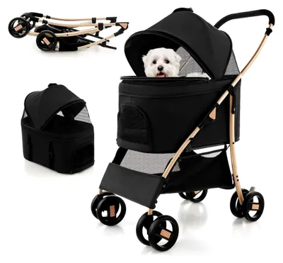 Produktbild von 3-in-1 Hundewagen, klappbarer Hundebuggy bis 15 kg, Haustierwagen mit Netzfenstern, verstellbarem Vordach, abnehmbarem Träger und Korb, Buggy für kleine Hunde und Katzen (Schwarz)