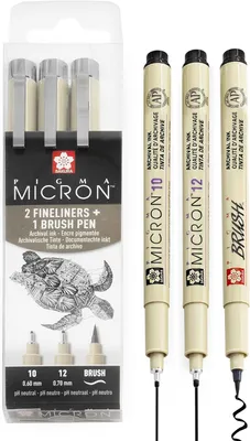 Produktbild von Sakura Pigma Micron 10/12 – Fineliner-Stift mit Pinselspitze – Schwarze Tinte – Packung mit 3 Stück