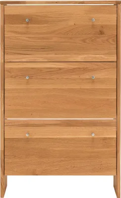 A front view of a wooden shoe cabinet with three flip-down doors.