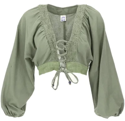 Produktbild von Natürliches Blusentop zum Schnüren, Mittelalterbluse - Salbei, Damen, Grün, Baumwolle, Größe: L
