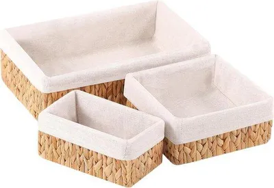 Immagine prodotto di Cesto portaoggetti in rattan intrecciato a mano per il bagno, decorativo e con rivestimento interno, set di 3, realizzato in ippopilo