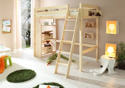 Produktbild von Hochbett Kinderbett Matthias mit Schrägleiter Kiefer massiv Natur