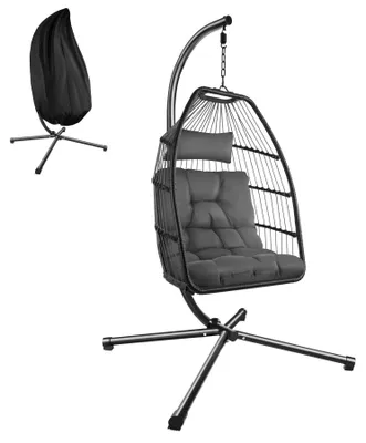 Produktbild von tectake Hängesessel mit Gestell und Kissen 160kg belastbar - Polyrattan dunkelgrau - höhenverstellbare Kette 98x107x202cm
