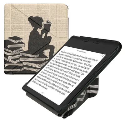 Produktbild von kwmobile Kunstleder eReader Schutzhülle für Kobo Kobo Libra Colour / Tolino Vision Color Hülle - Falt Cover für E-Reader in Schwarz Beige - Lesende