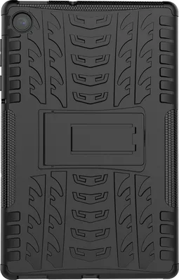 The back of a black tablet case with a built-in stand.