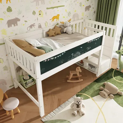 Immagine prodotto di MODFU Letto a castello Letto per bambini 90 x 200 cm con protezione anticaduta, Letto a castello con lavagna e tavolo, ripiano portaoggetti, Letto in legno Letto per bambini con griglia a doghe, Bianco