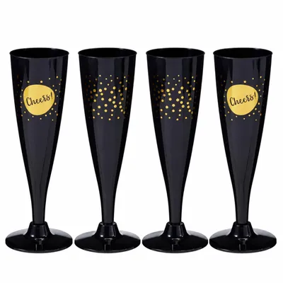 Produktbild von 4x Kunststoff Sektgläser 130 ml Schwarz-Gold Wiederverwendbar Sektkelche Sektflöten, Spülmaschinenfest