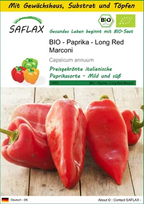 Produktbild von SAFLAX Anzucht Set - BIO - Paprika - Long Red Marconi - Capsicum annuum - 20 Samen - Mit Mini-Gewächshaus, Anzuchtsubstrat und 2 Töpfen