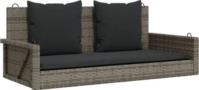 A gray rattan hanging bench with black cushions, shown against a white background.