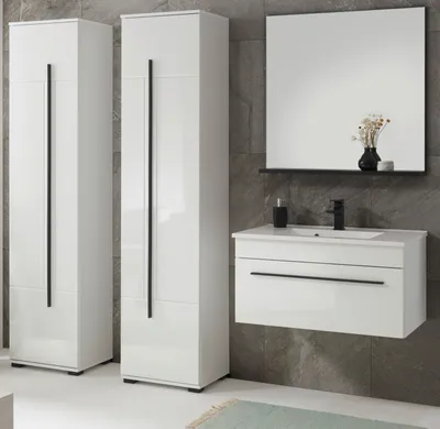 Produktbild von Badmöbel Set "Design-D", weiß Hochglanz Badkombination mit Waschbecken, 5-teilig