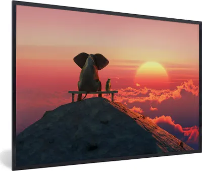 Produktbild von MuchoWow® MuchoWow® Gerahmtes Poster Hund - Elefant - Berg 90x60 cm - Poster mit zchwarzem Bilderrahmen - Fotorahmen - Foto-Plakat