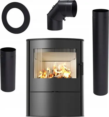 A black wood-burning stove with accessories for installation, including a flue pipe, elbow connector, and a wall flange.
