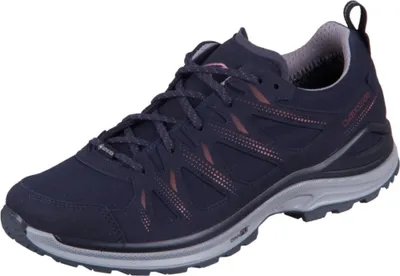A single blue hiking shoe is shown against a white background.