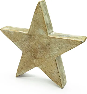 A wooden star decoration on a white background.