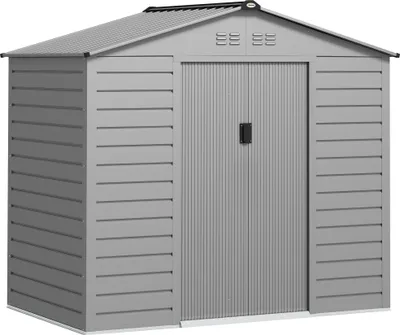 A gray metal shed with double doors is shown against a white background.