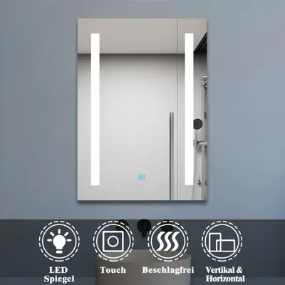 Produktbild von Badspiegel mit Beleuchtung 50x70cm Badezimmerspiegel Kaltweiß Wandspiegel mit Touch-schalter Beschlagfrei IP44 Pavie-Serie