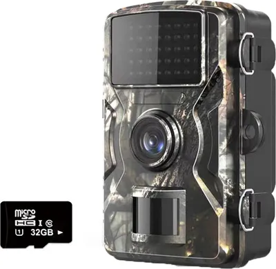 A camouflage-patterned trail camera and a micro SD card are shown against a white background.