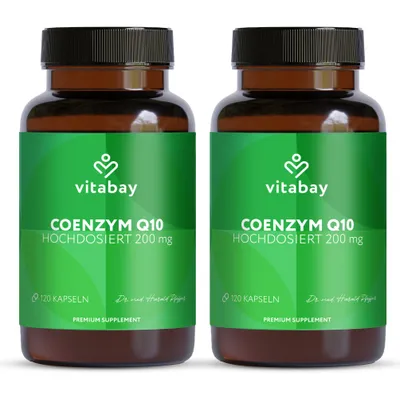 Produktbild von Vitabay Coenzym Q10 (Ubiquinon) 200 mg – 240 vegane Kapseln – hochdosiert, aus pflanzlicher Fermentation – ohne Zusatzstoffe – 4 Monate Vorrat
