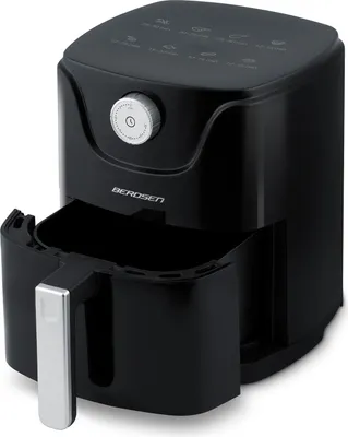A black air fryer with its basket pulled out, shown against a white background.