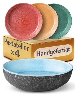 Produktbild von Cosumy 4er Tiefe Teller Set aus Steingut Ø22 cm – Handgefertigte Pastateller Groß Tief – Geschirr Set Modern – Tafelservice Suppenteller 4 Stück – Buntes Geschirrset (Tellerset für 4 Personen)