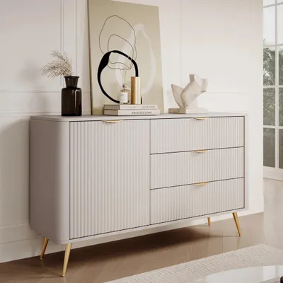Produktbild von Kommode Sideboard FLORE 138 cm Beige Gold Geriffelt 1D3S