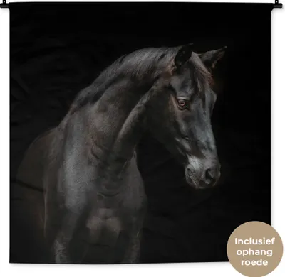 Produktbild von MuchoWow® Wandteppich Wandbehang Pferd - Tiere - Schwarz - Porträt 120x120 cm Tapisserie Dekoration Wandtuch - Modern - Baumwollgewebe