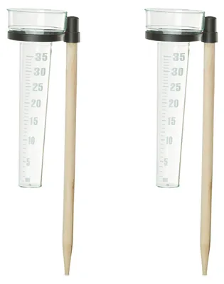 Immagine prodotto di Set di 2 pluviometri Relaxdays, con asta, misuratore di precipitazioni da giardino, scala 35 mm/m², plastica e legno, colore naturale/trasparente