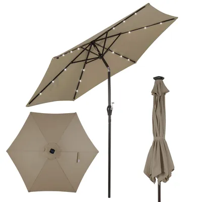 Produktbild von COSTWAY Sonnenschirm 270cm mit Solar- LED-Beleuchtung & Kurbel Ampelschirm Gartenschirm Marktschirm Sonnenschutz Strandschirm Kurbelschirm Braun