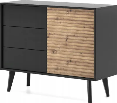 Produktbild von Kommode mit 3 Schubladen Marsh - Sideboard mit Lamellen, Loft, Modern - PUSH TO OPEN (Artisan Eiche / Schwarz)