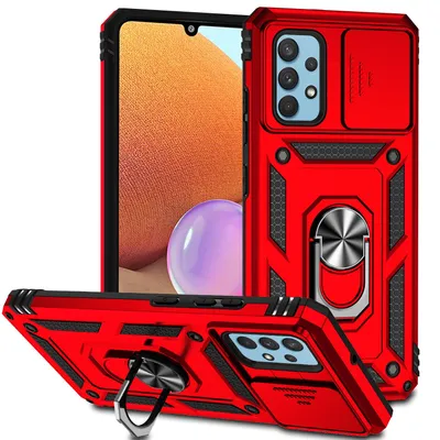 Obrázek produktu pro Pouzdro pro Samsung Galaxy A32 4G dvouvrstvé pouzdro s posuvným krytem kamery a prstencovým stojánkem červené