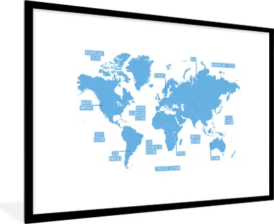 Produktbild von MuchoWow® Gerahmtes Poster Weltkarte - Blau - Einfach 90x60 cm - Poster mit Schwarzem Bilderrahmen Wandposter Rahmen Foto Bilder - Wanddekoration - Fotos